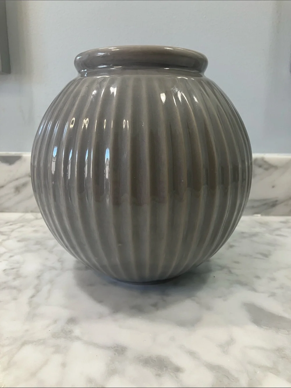 IKEA Gray Ribbed Ceramic Globe Vase 7in tall round ball stoneware